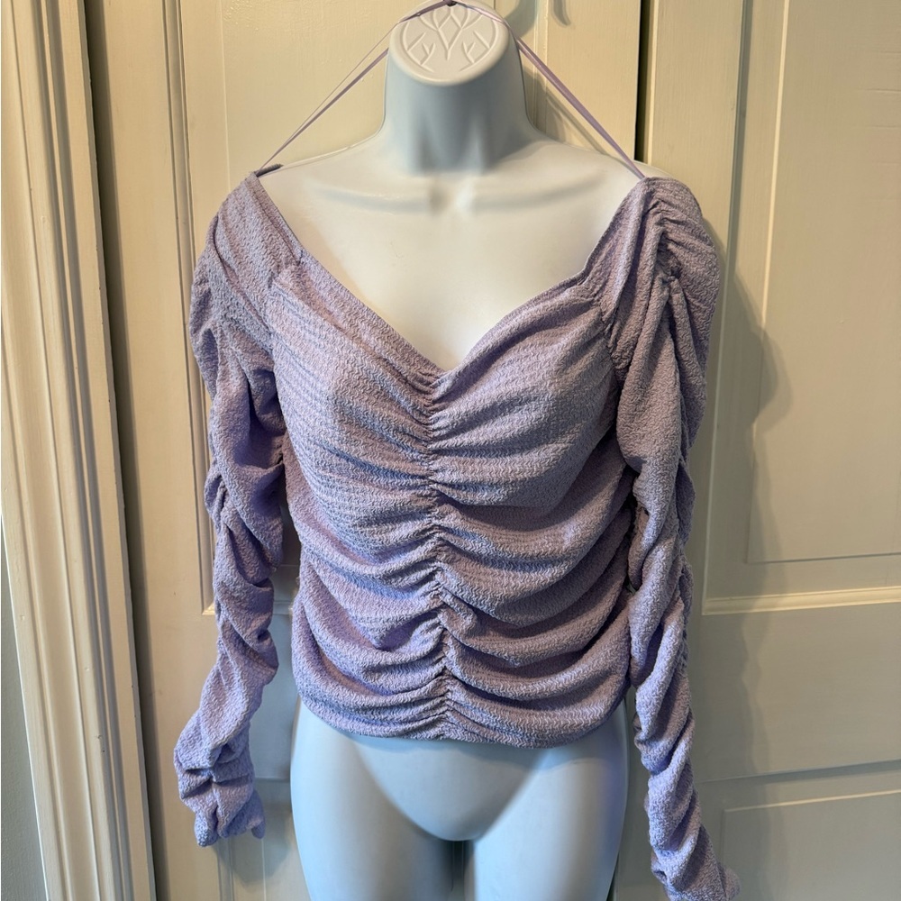 Nordstroms Elodie Purple Ruched Blouse with Long Sleeves